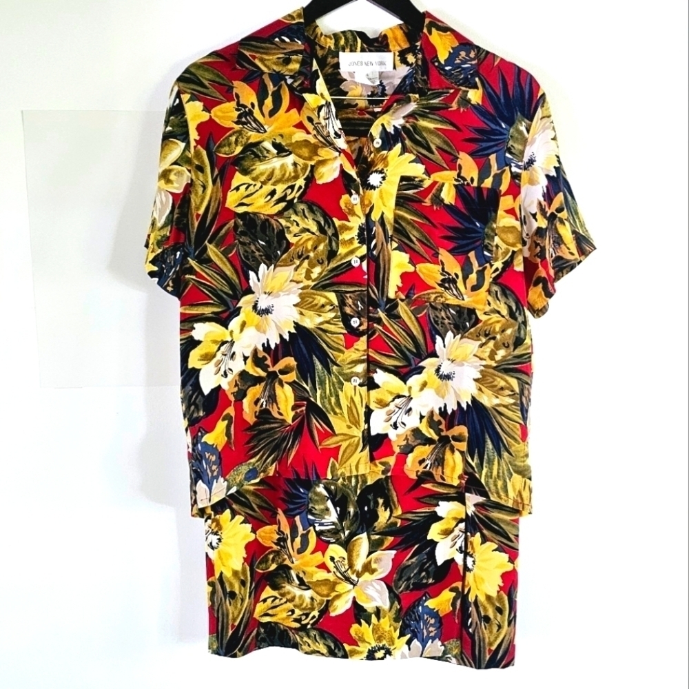 Jones New York Vintage 100% Silk Floral Print Skirt Shirt Women's Set Size 4